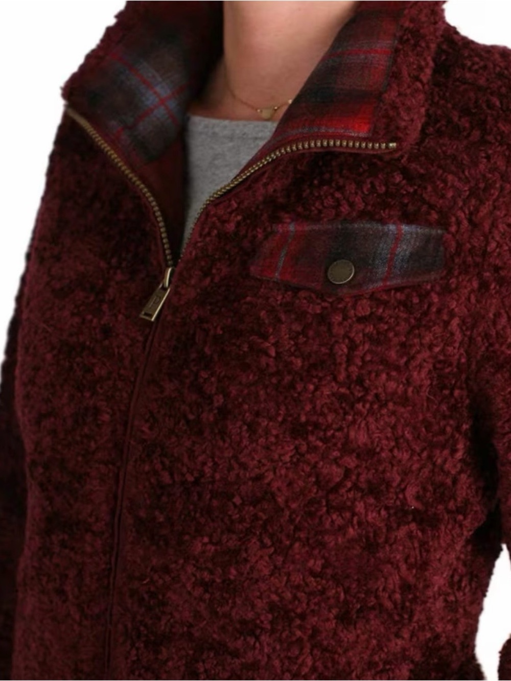Pendleton Burgundy Sherpa Jacket with Plaid Trim